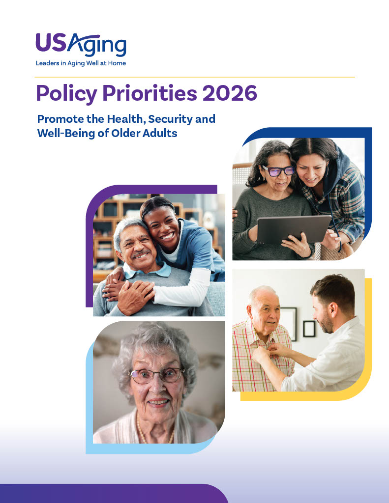 Cover of USAging’s Policy Priorities 2026 report. The cover features the USAging logo and the title “Policy Priorities 2026: Promote the Health, Security and Well-Being of Older Adults.” A collage of four photos shows older adults receiving support and care, including a person embracing an older adult, two people using a tablet together, a healthcare visit, and an older adult portrait. Blue, purple, and yellow graphic accents frame the images.