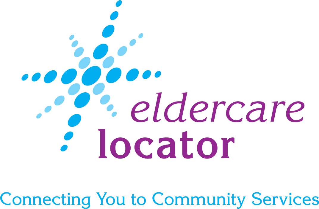 Eldercare Locator logo featuring a blue starburst design made of circular dots beside the words “eldercare locator” in purple text. Below, the tagline reads “Connecting You to Community Services” in light blue text.